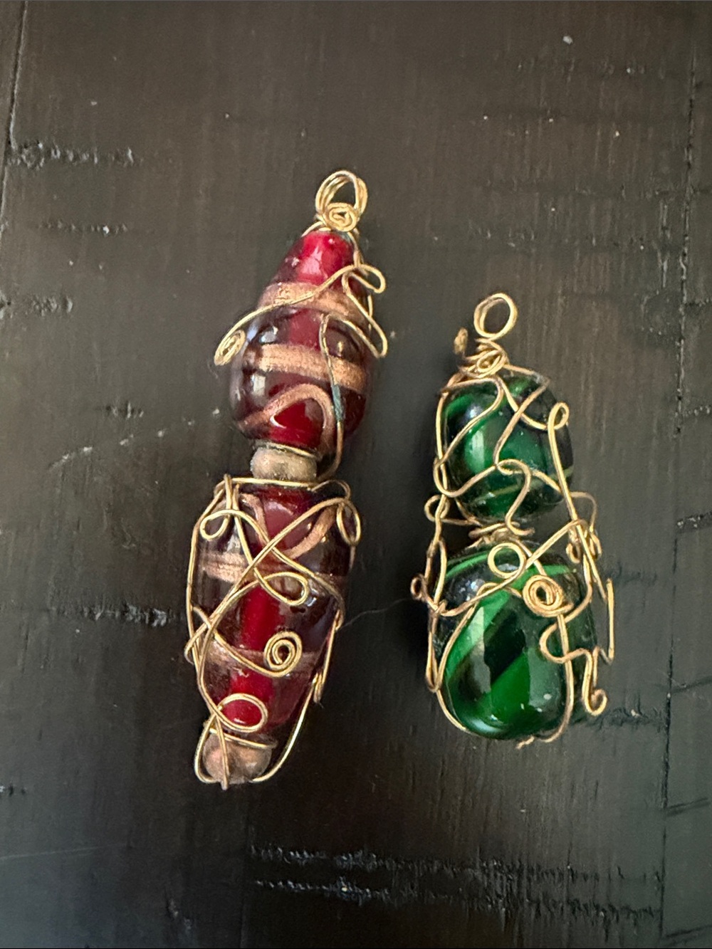 Unique Handmade Wire-Wrapped Red and Green Glass Pendant Pair for jewelry making